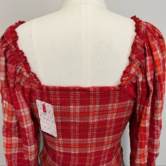 NWT Free People Cherry Bomb Madras  Plaid Blouse Red Gingham Plaid Top - Picture 13 of 16